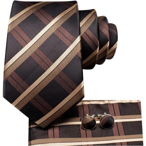 Men Ties Sets Silk Stripe Paisley Necktie Pocket Square Cufflinks for Business - Picture 2 of 7